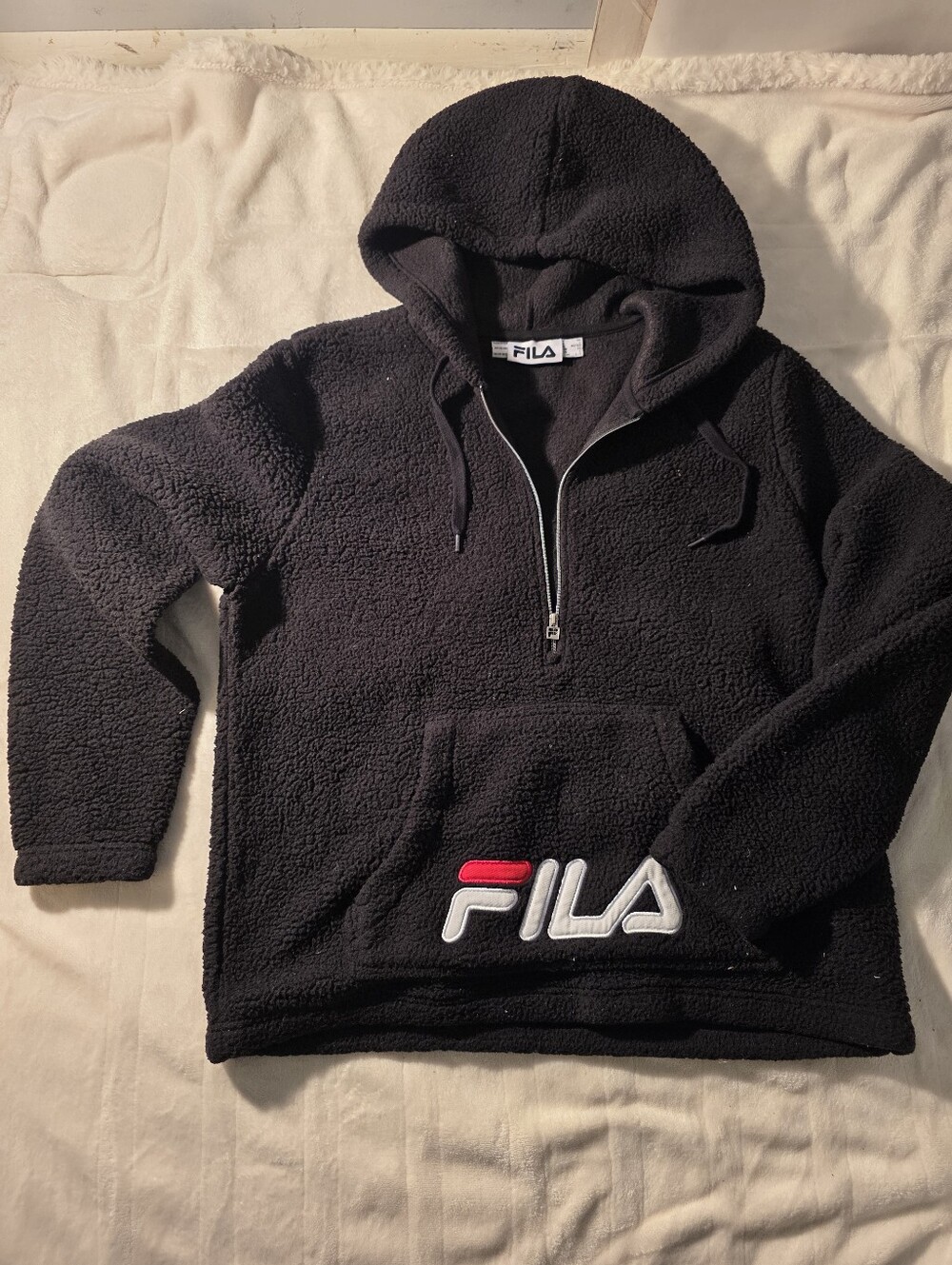 Fila Black Sherpa Half-Zip Hoodie with Embroidered Logo